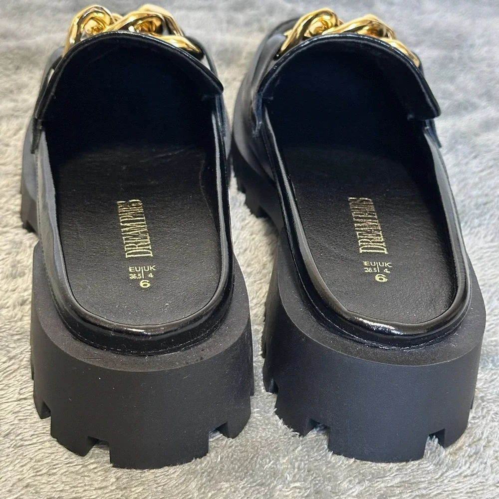 Dream Pairs Black Chunky Lug Sole Penny Mule Loafers Gold Chain Women's 6 NWOB